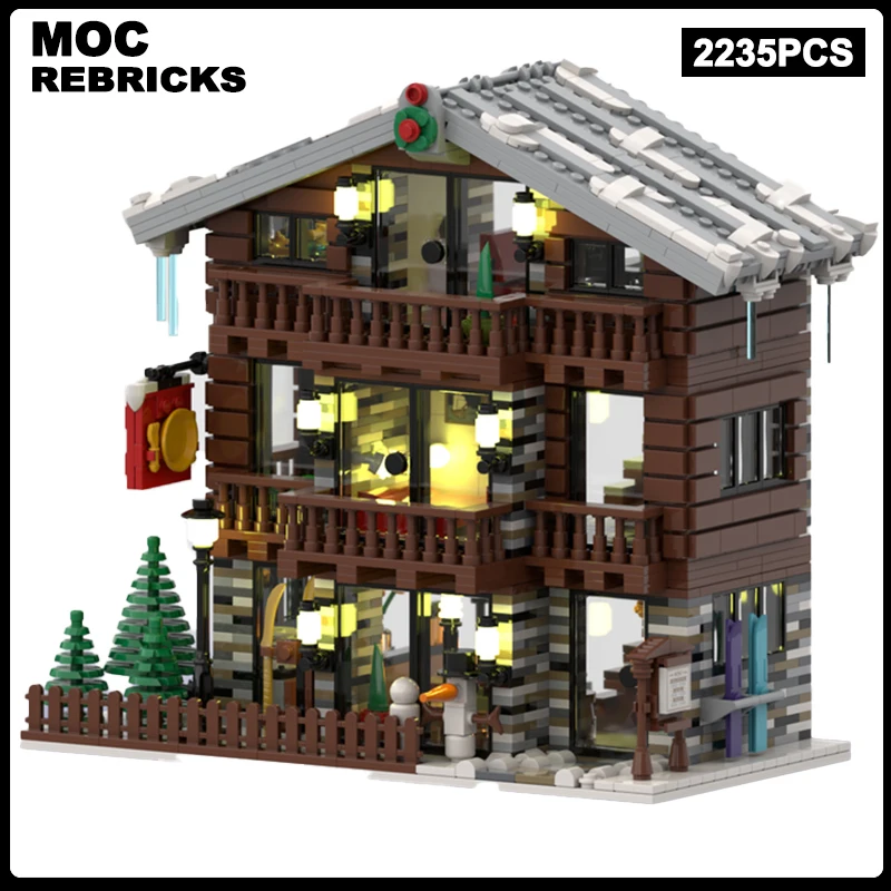 

MOC Winter Winter Senior Village Restaurant and Hotel Building Blocks Assembly Model Bricks Display Creative Children Toys Gift