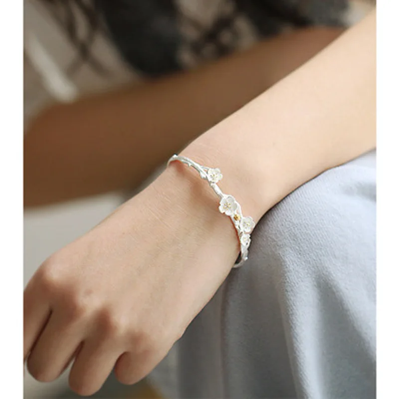 BECLUB Silver Color Hiphop Thick Chain Flower Bracelet for Women Men Vintage Handmade Hasp Bracelet Birthday Gift