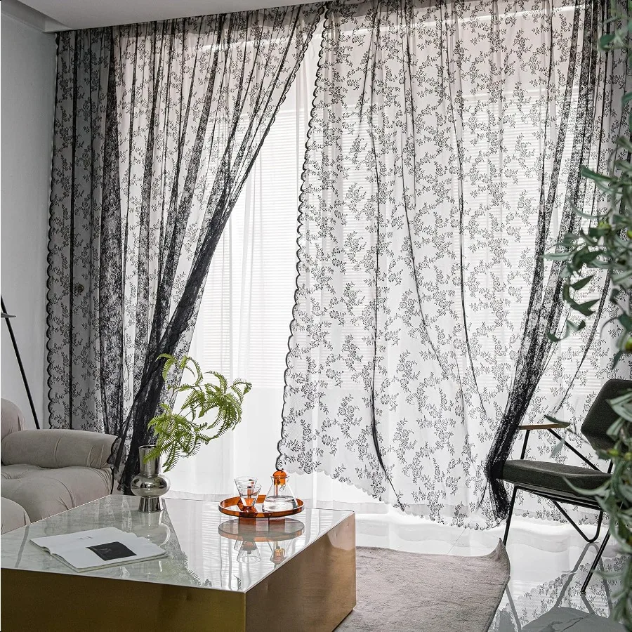 Rideaux en dentelle noire, 84 pouces de Long, ensemble de 2 panneaux transparents, gothique, rétro, fleurs, Voile, traitement de fenêtre, pour chambre à coucher, salon