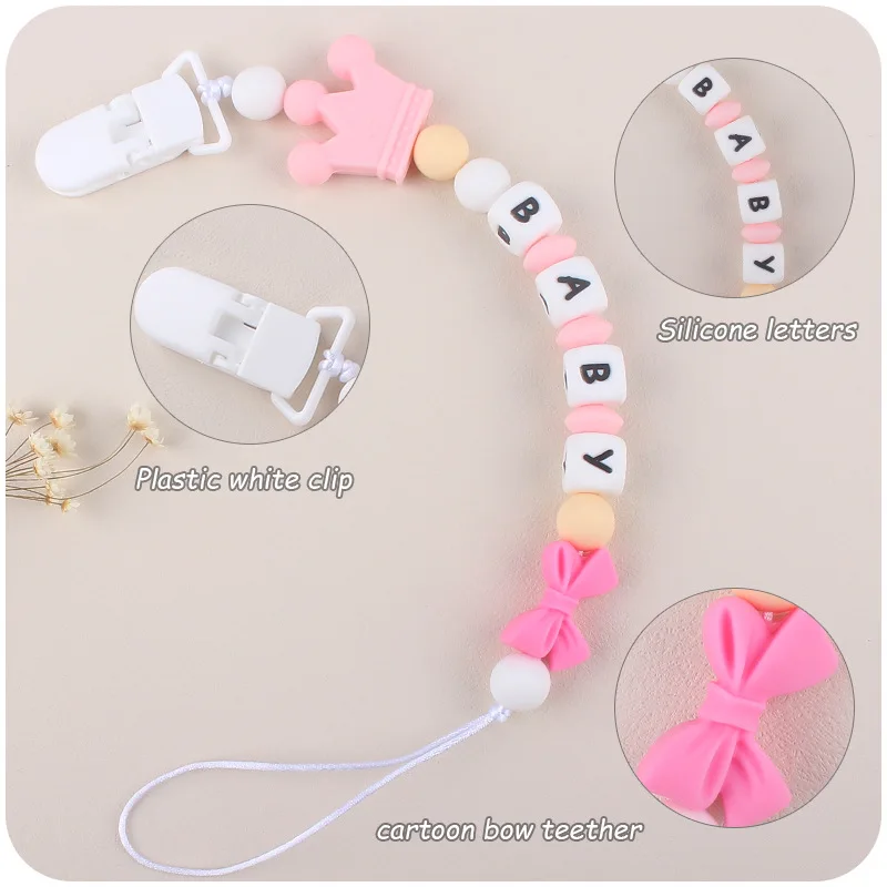 Personalized Name Baby Pacifier Clips Kawaii Silicone Bows Dummy Nipples Holder Chain DIY Newborn Accessories Teething Toys Gift