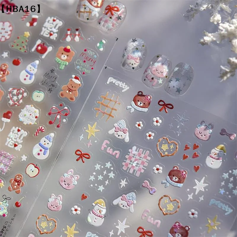 ómHBA16 Parque Kerstboom Sneeuwpop Beer Konijntje Dieren Nagelstickers Elegante vrouwen Vlamend hart DIY Nail Art Sticker Manicure Deca