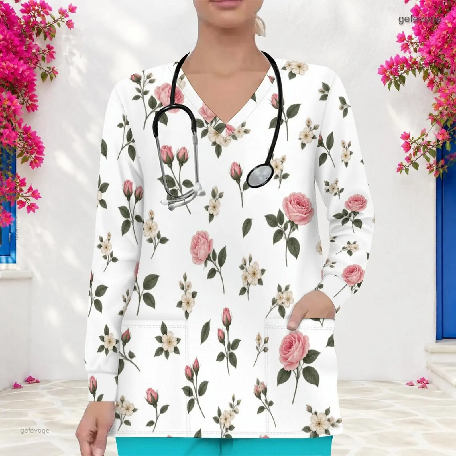 Women Blue Green Floral Printed V Neck Long Sleeve Scrub Top with Front Pockets