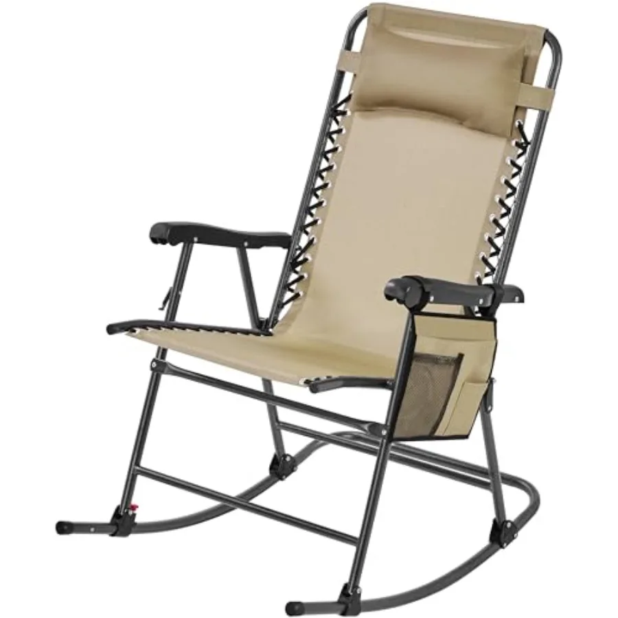 

Outdoor rocking chair beige zero gravity folding lounge chair with cupholder and pillow ergonomic design for lawn and patio use