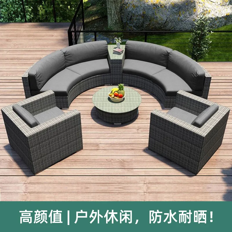 Outdoor sofa, rattan rooftop, leisure outdoor rattan art furniture, villa courtyard, circular PE rattan weaving sofa combination