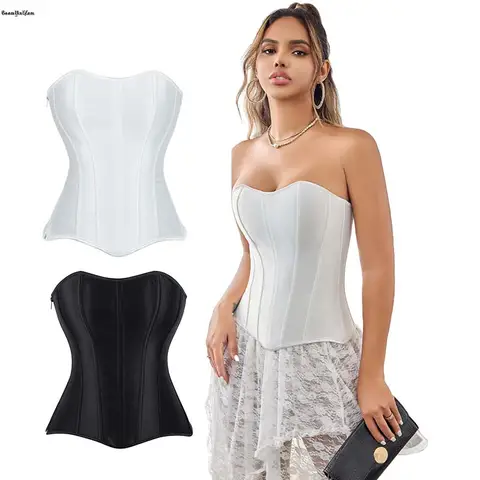 15 물고기 뼈 지원 블랙 화이트 브래지어 신부 Bustier 새틴 오버 버스트 코르셋 탑 플러스 사이즈 지퍼가 달린 여성 Corselet