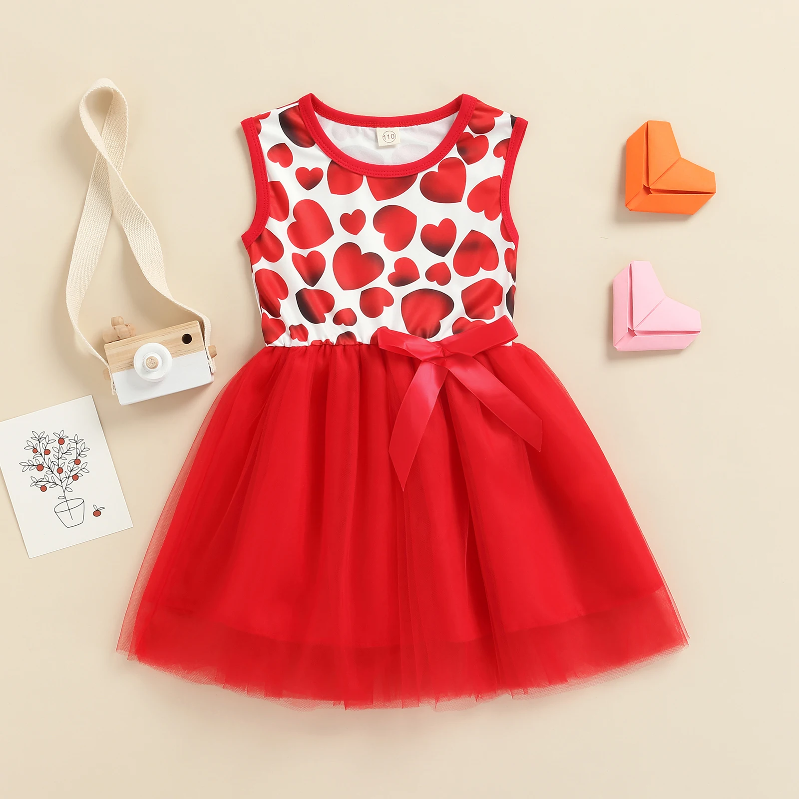 Little Girls Summer Dress Baby Kids Sleeveless Heart Valentine Style High Waist Dresses Fashion Girls Cozy O Neck Princess Dress