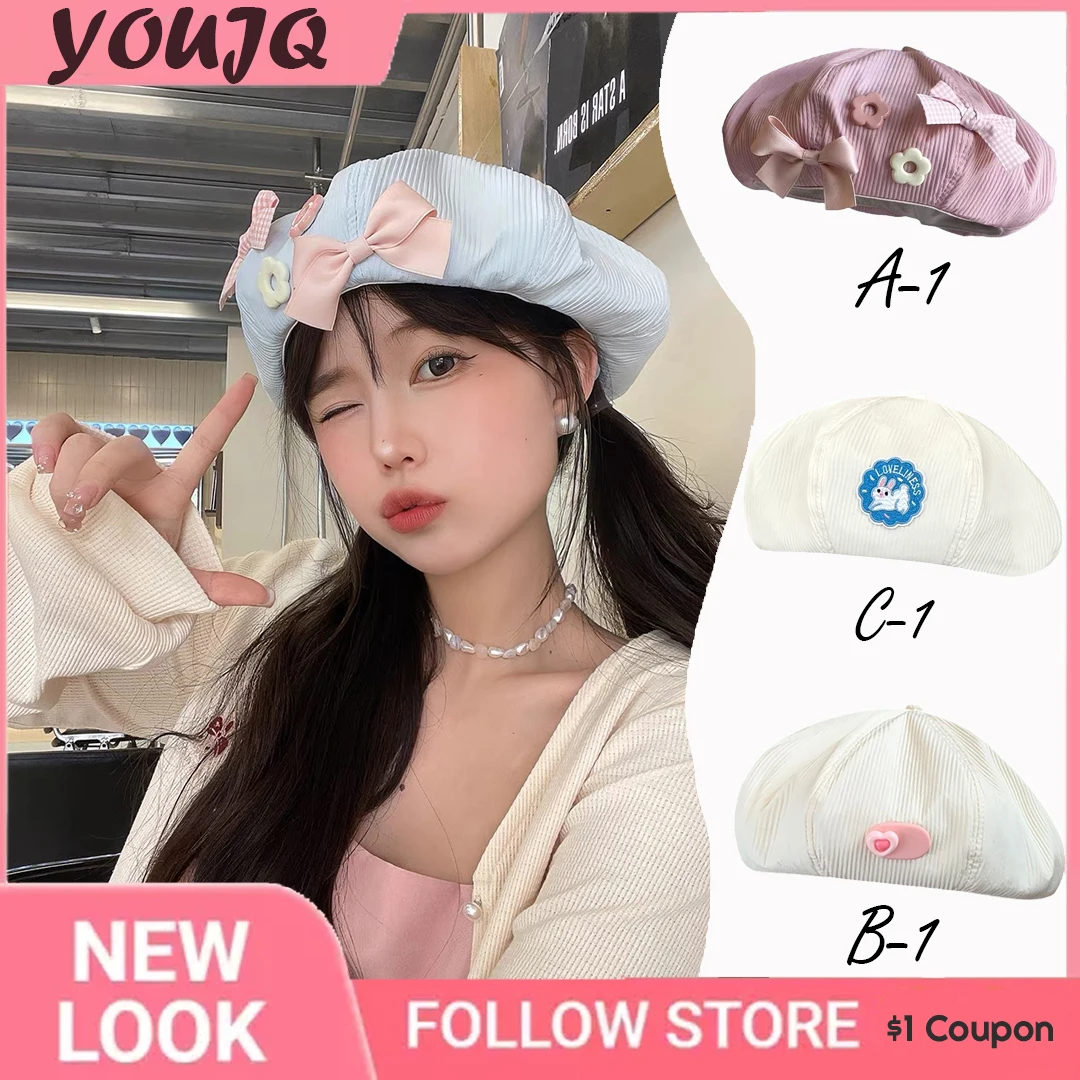 Y2K Cute Oversized Painter Hat with Bow Cloud-like Creamy Breathable Face-slimming Love Heart Retro Cap Hats for Girls Women