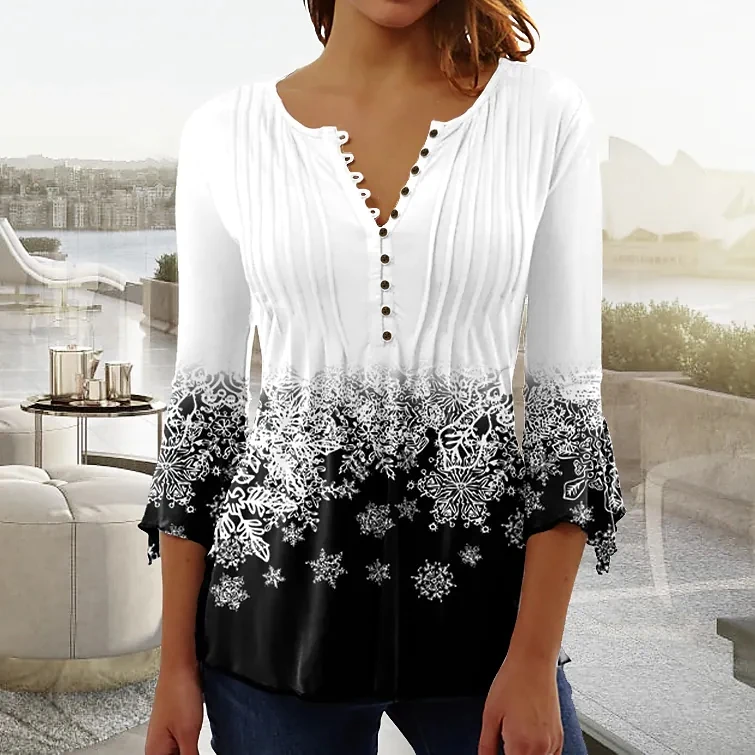 Plus Size Women Long Sleeve V-neck Printed Gradient Tops