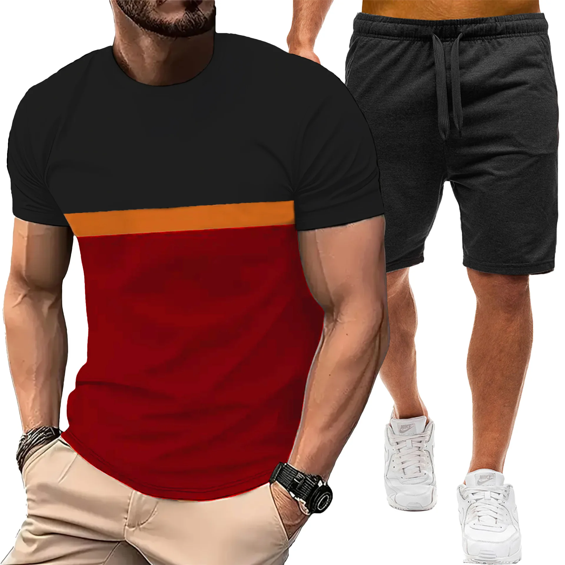 

2025New Mens T Shirt Set Summer Crew Neck Short Sleeve Color Block Casual Sport Top