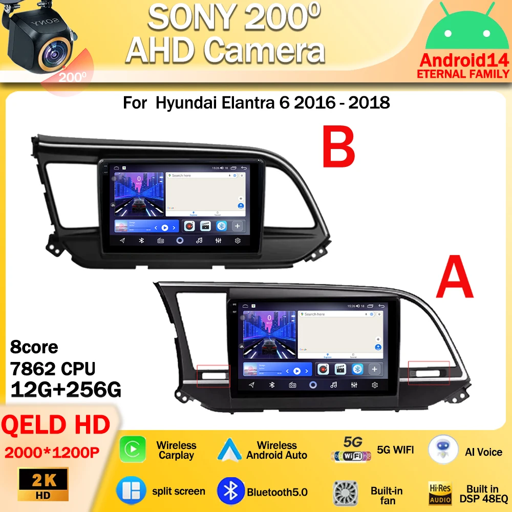 Car Radio Mulltmedia Player 9 '' for Hyundai Elantra 6 2016 2017 2018 GPS Navi Android 14 Wireless Carplay Audio DSP IPS Screen