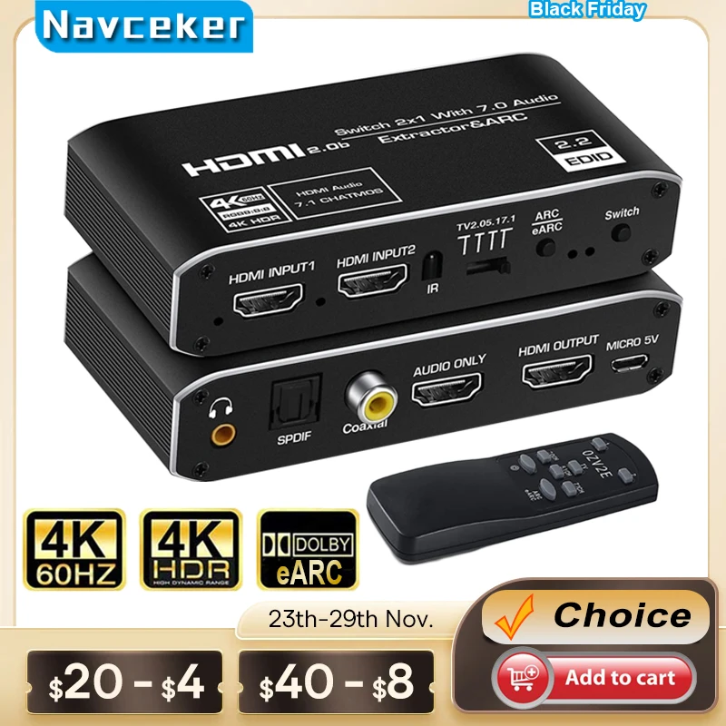 2x1 4K 120Hz HDMI Switch eARC Audio Extractor ARC Optical Toslink HDMI 2.0 Switch 4K 60Hz HDMI Switcher Remote for Apple TV PS4 