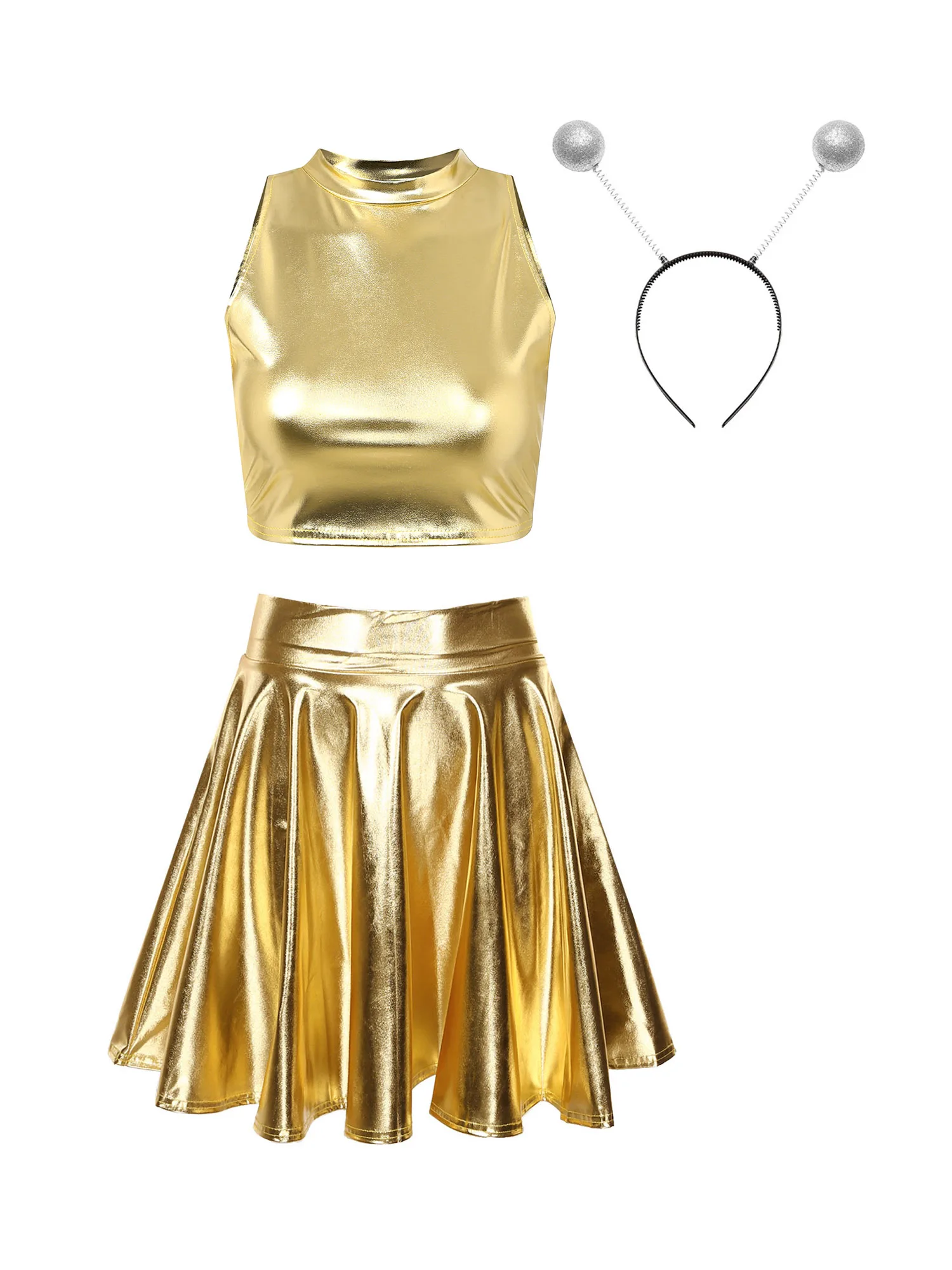 Womens Space Astronaut Cosplay Costume Metallic Shiny Sleeveless Crop Tank Top with Skirt Alien Hair Hoop Theme Party Clubwear — zdjęcie 2