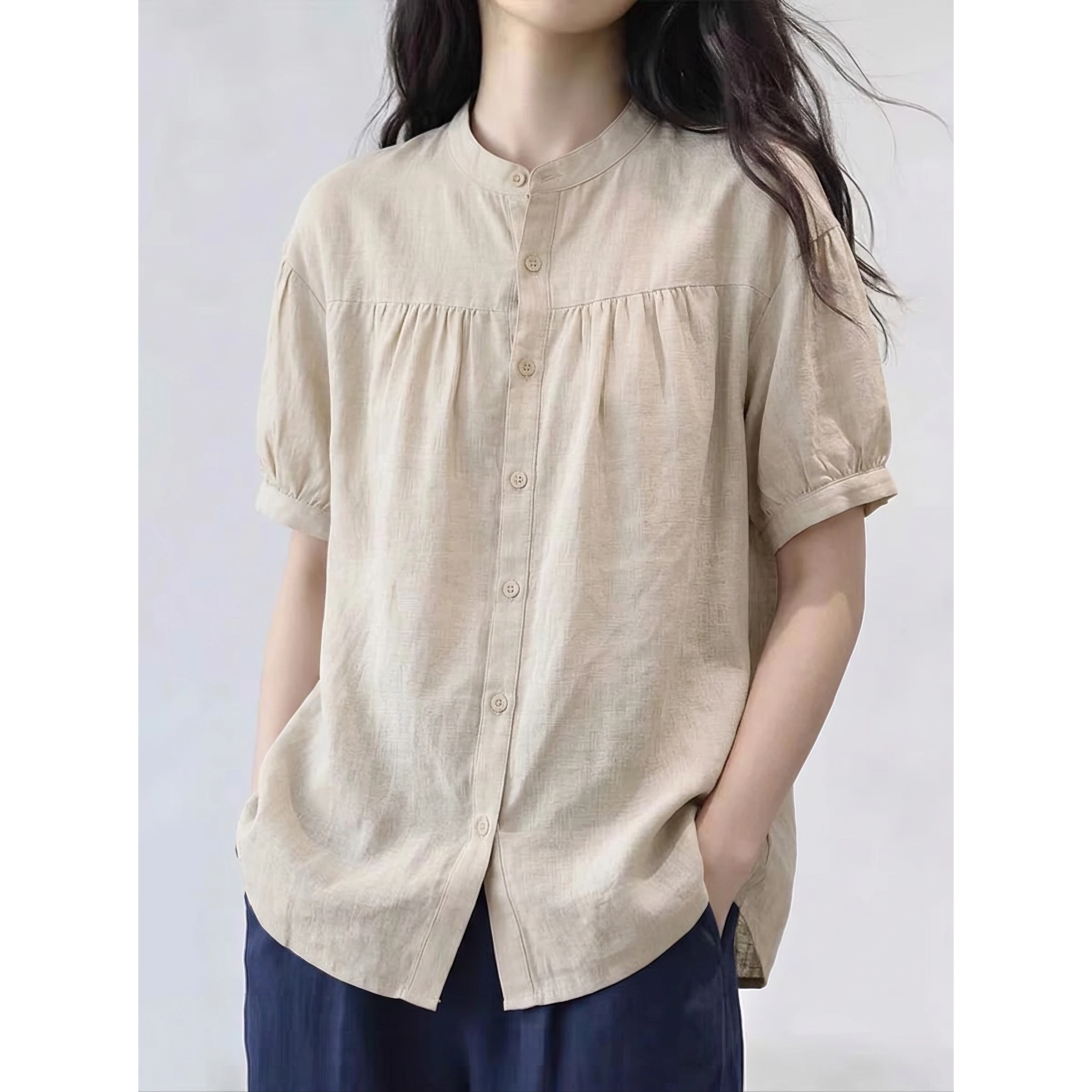 Retro Cotton Linen Shirt round Neck Short Sleeve Women's Summer New Style Slimming Tummy Covering Top Korean Style Commute