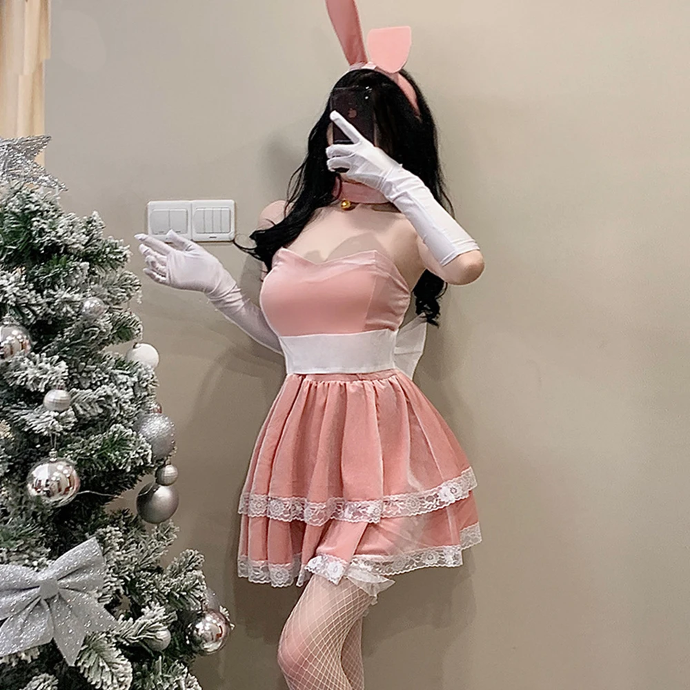 Süßes Lolita Kleid Hase Mädchen Halloween Weihnachten Cosplay Kostüm rosa schwarz Anime Dienst mädchen Uniform Samt Kaninchen Rollenspiel Outfit