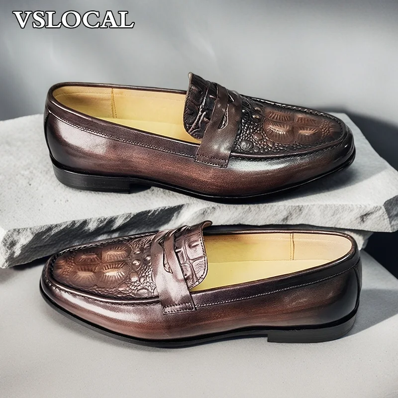 

Luxury Men Genuine Leather Shoes Brown Slip On Croco Prints Casual Mens Dress Shoes Wedding Office Banquet Loafers Men