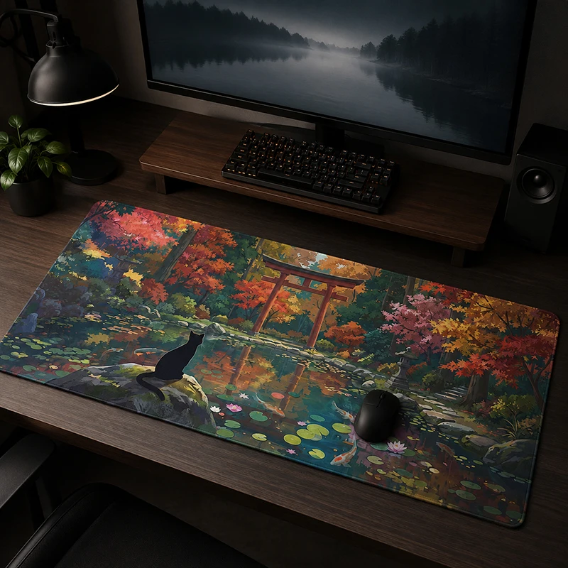 Mouse Pad Gamer Autumn Torii Black Cat XL Computer Mousepad XXL Mouse Mat Desk Mats Non-Slip Soft Office Accessories Table Mat