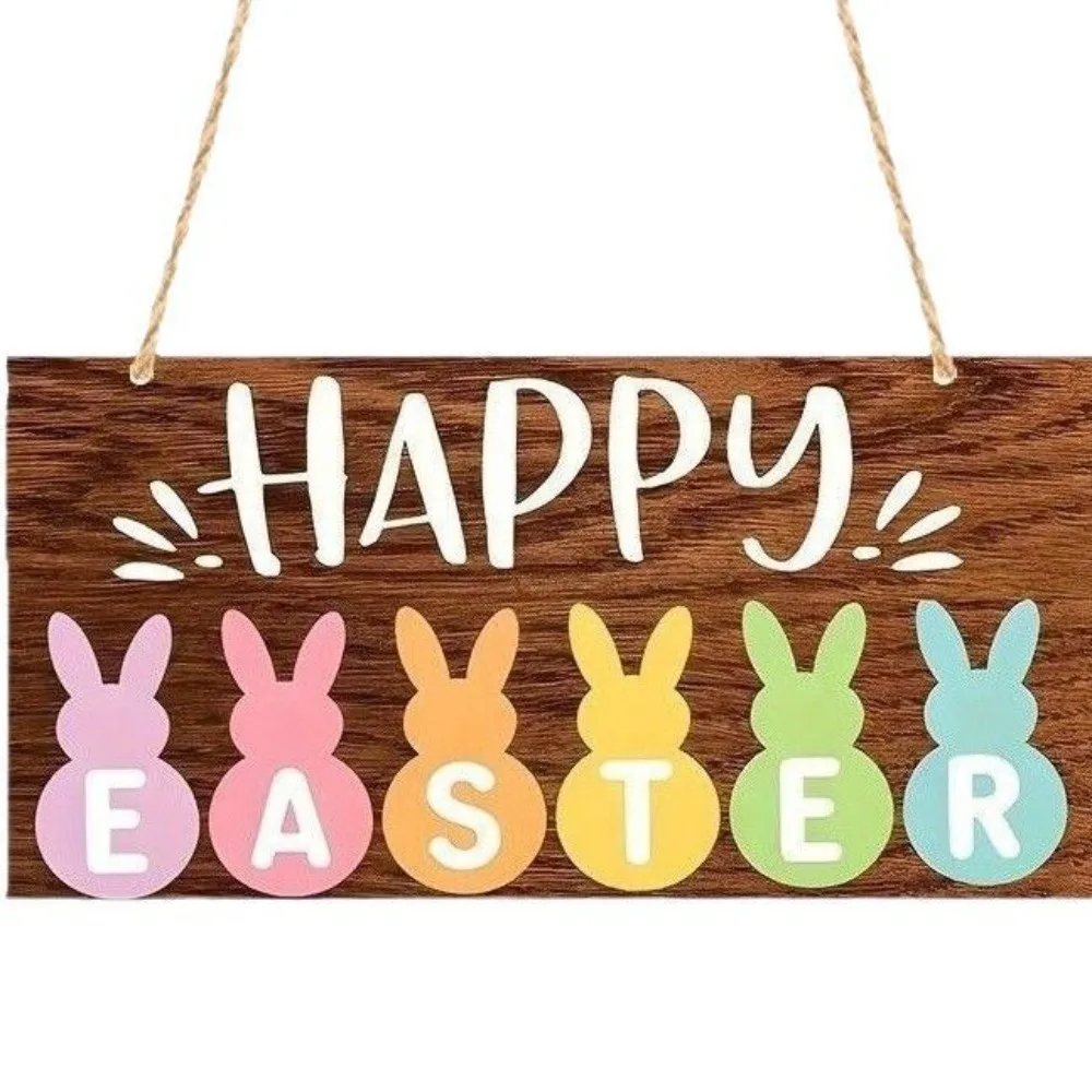 Colorful Rabbit Happy Easter Sign Egg Design Cartoon Style Wooden Hanging Sign Flowers Pattern Wooden Material Wall Decoration