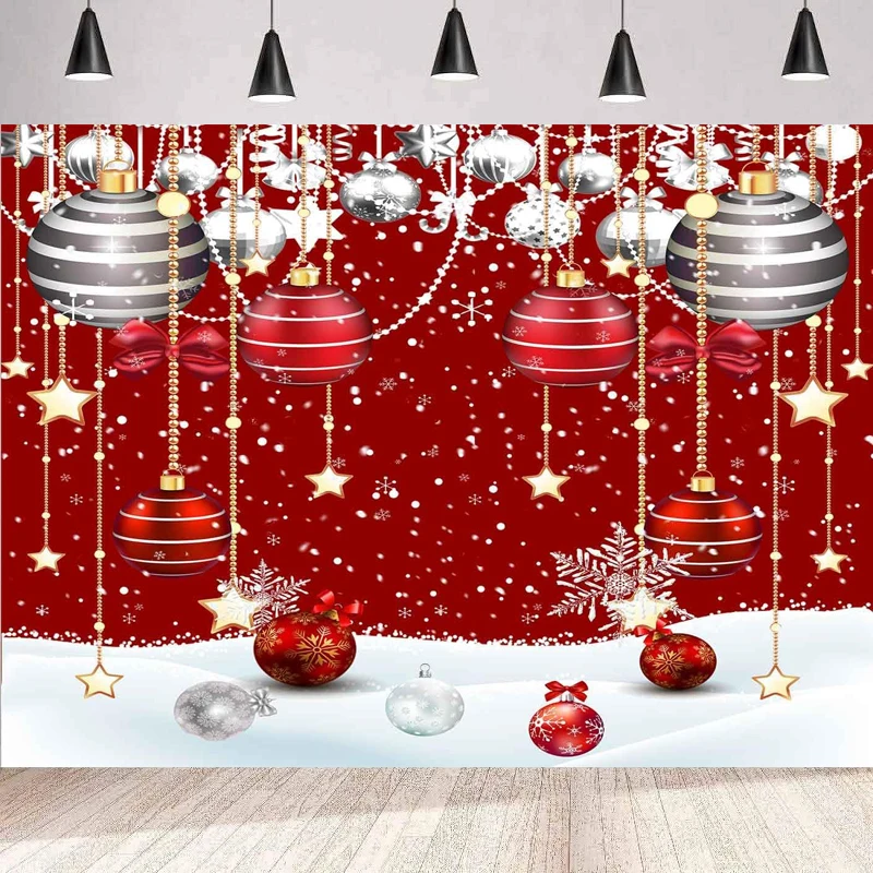 

Photography Backdrop Red and Silver Chrismtas Ball Xmas Stars Bows Background Wall Winter Snowflake Snowfield Poster Banner