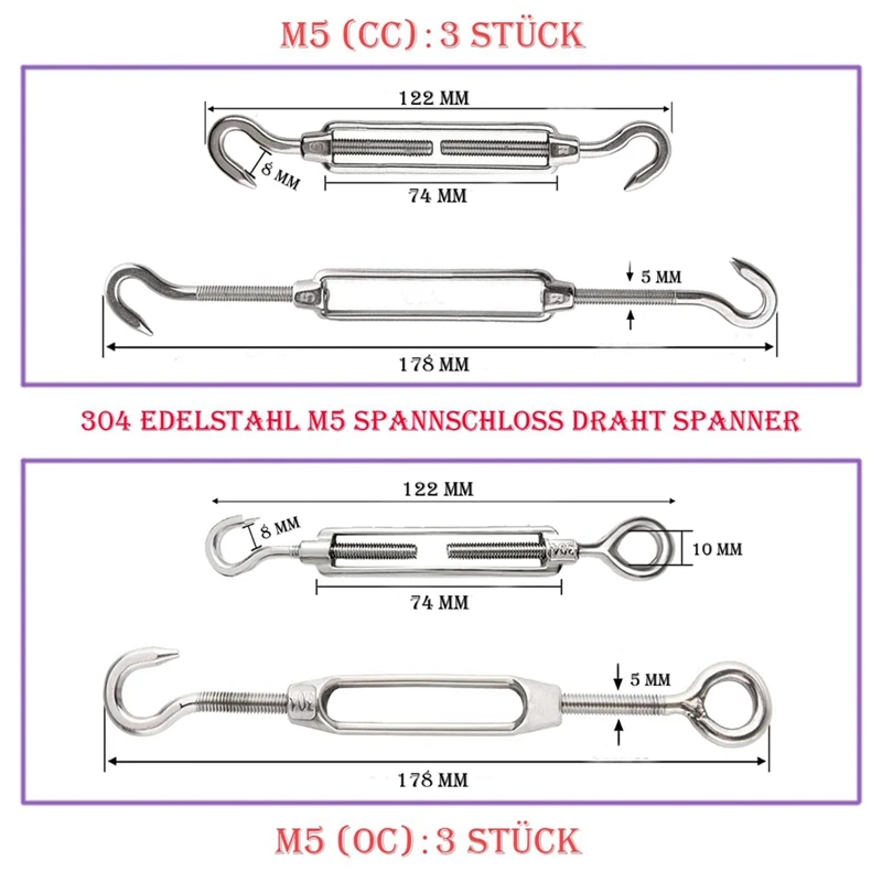 M5 Wire Tensioner Set With Turnbuckle Wire Rope Clamp Thimbles Press Clamp For Tightening