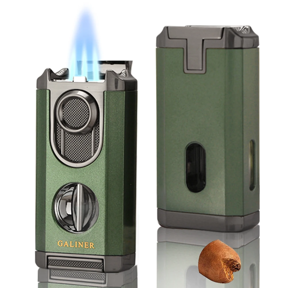 GALINER 3 Jet Torch Cigar Lighter WIth V Cut Metal Butane Gas Torch Lighters Cigar Accessories Portable