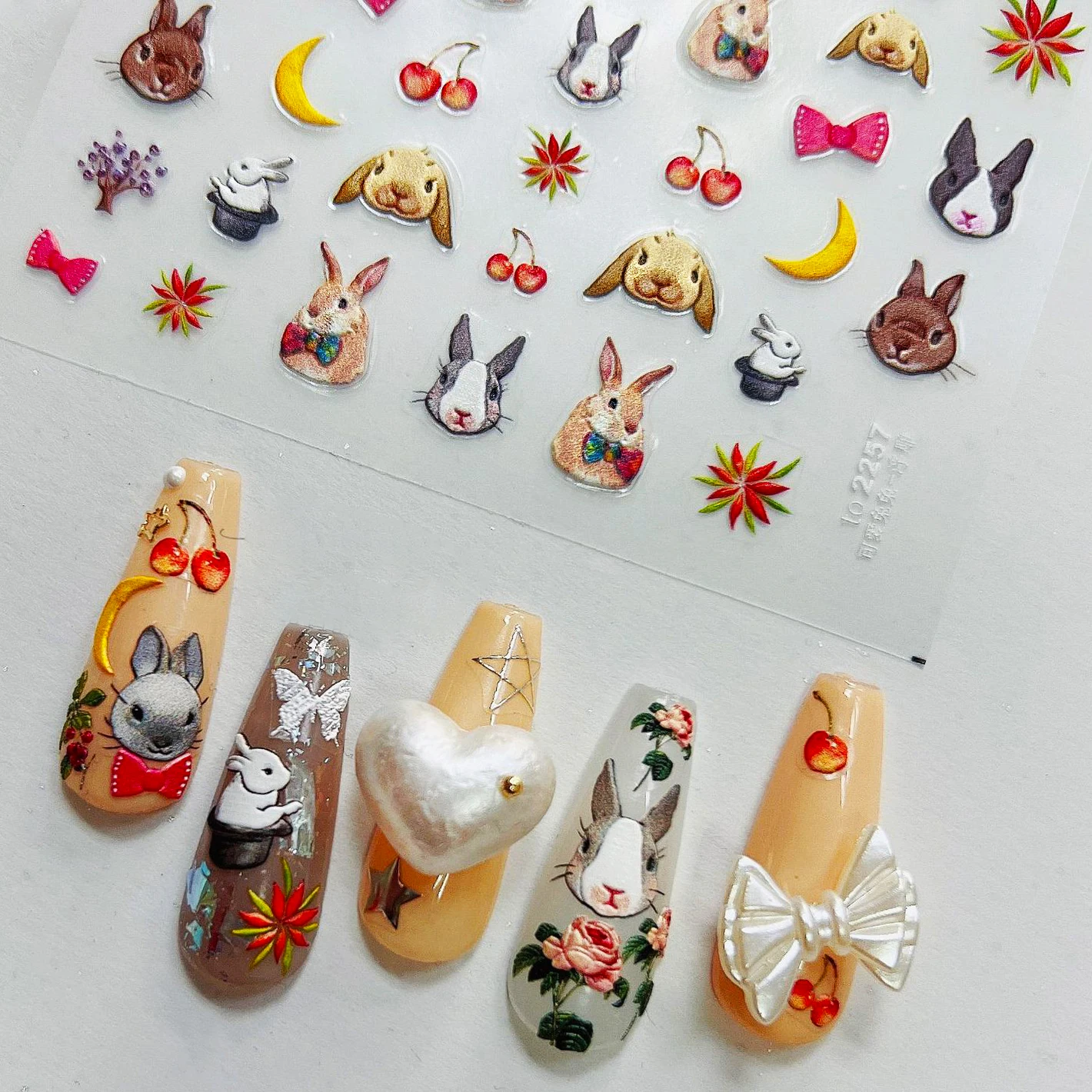 Autocollant Nail Art pour la décoration des ongles, décalcomanie de manucure, lapin, lune, nœud papillon, perle, lapin, chat, fleur, chien, ours, INS