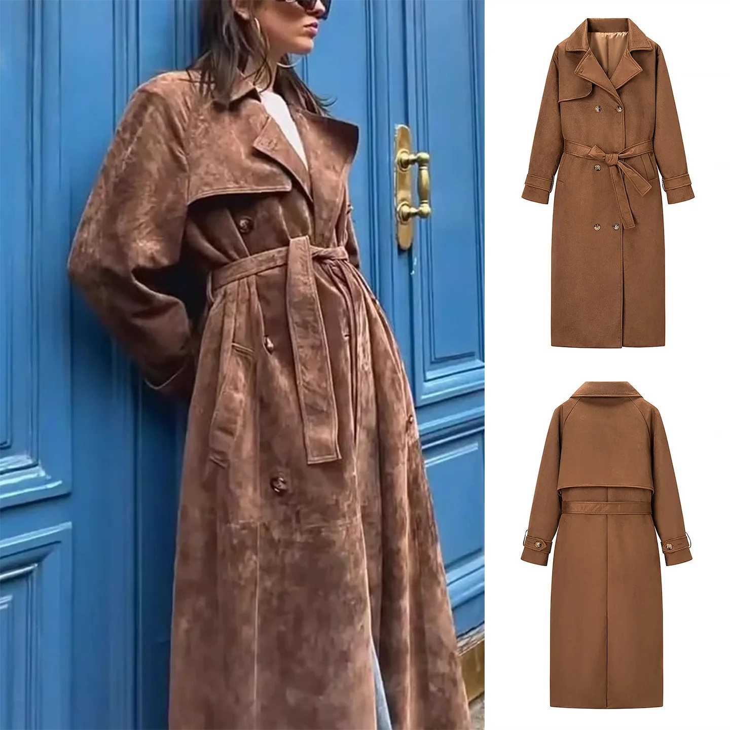 

Новое осеннее женское замшевое двубортное пальто в стиле ретро с воротником-стойкой, длинное пальто-джак средней длины, модное пальто прямого кроя для поездок на работу