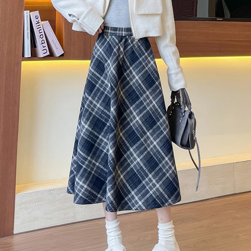 

Autumn Winter Vintage Plaid Mid Skirt Women 2025 Koeran A-Line Elastic Waist Skirts Woman Comfortable High Waist Skirt Mujer