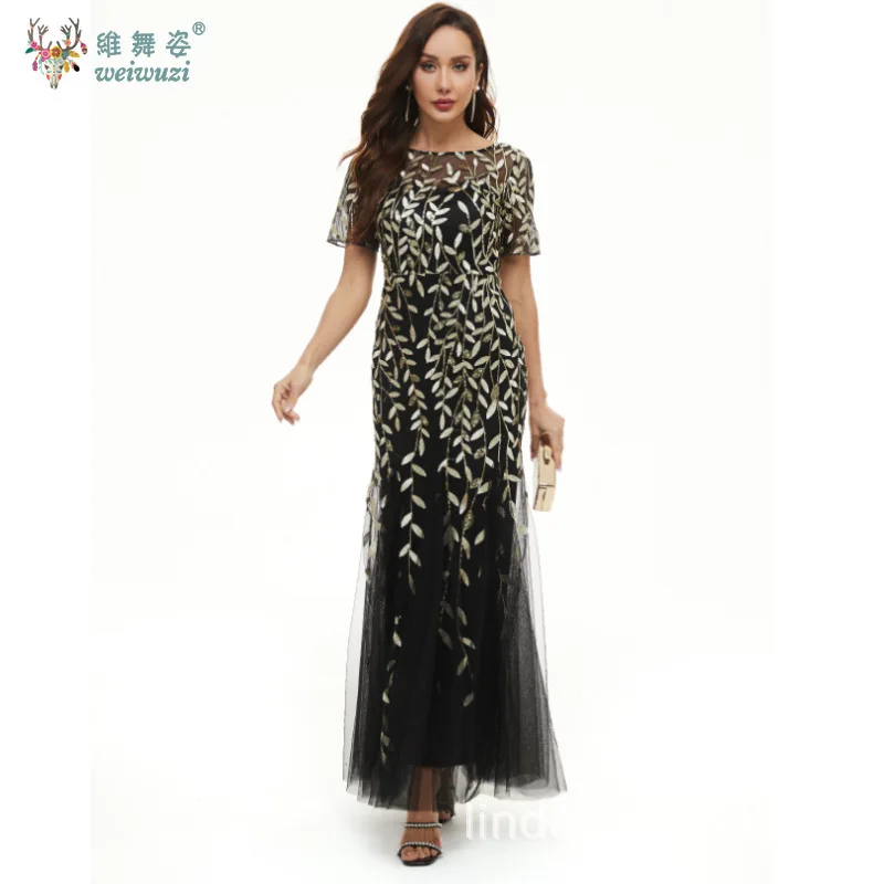 

Mesh Round Neck Embroidered Chiffon Sequin Short Sleeved Slim Fit Summer Banquet Long Fish Tail Evening Dress Bridesmaid Dress