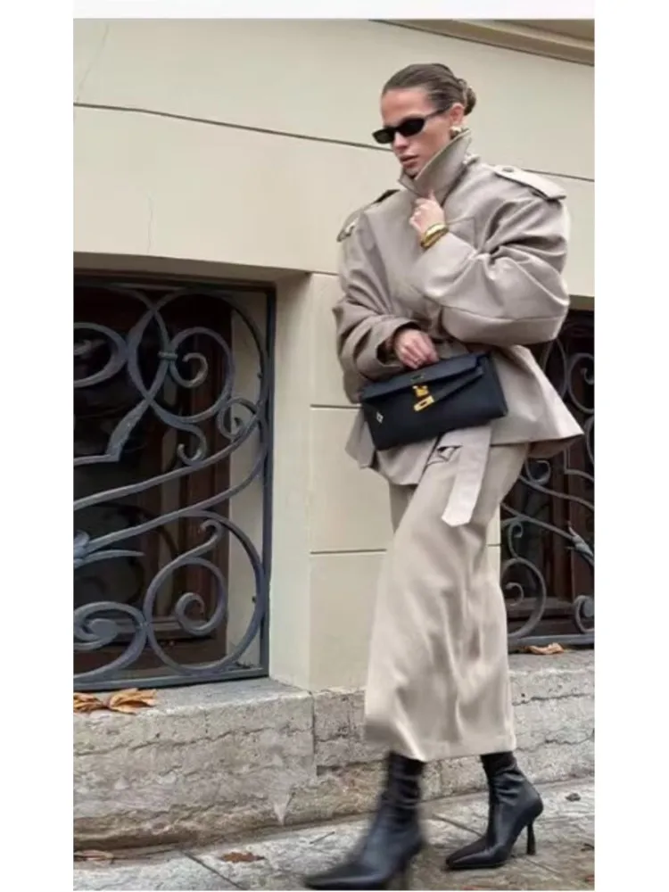 

Women Casual Loose Jackets Lapel Long Sleeves Belt Double Breasted Short Windbreaker 2025 Spring Fashion Chic Streetwears Lady