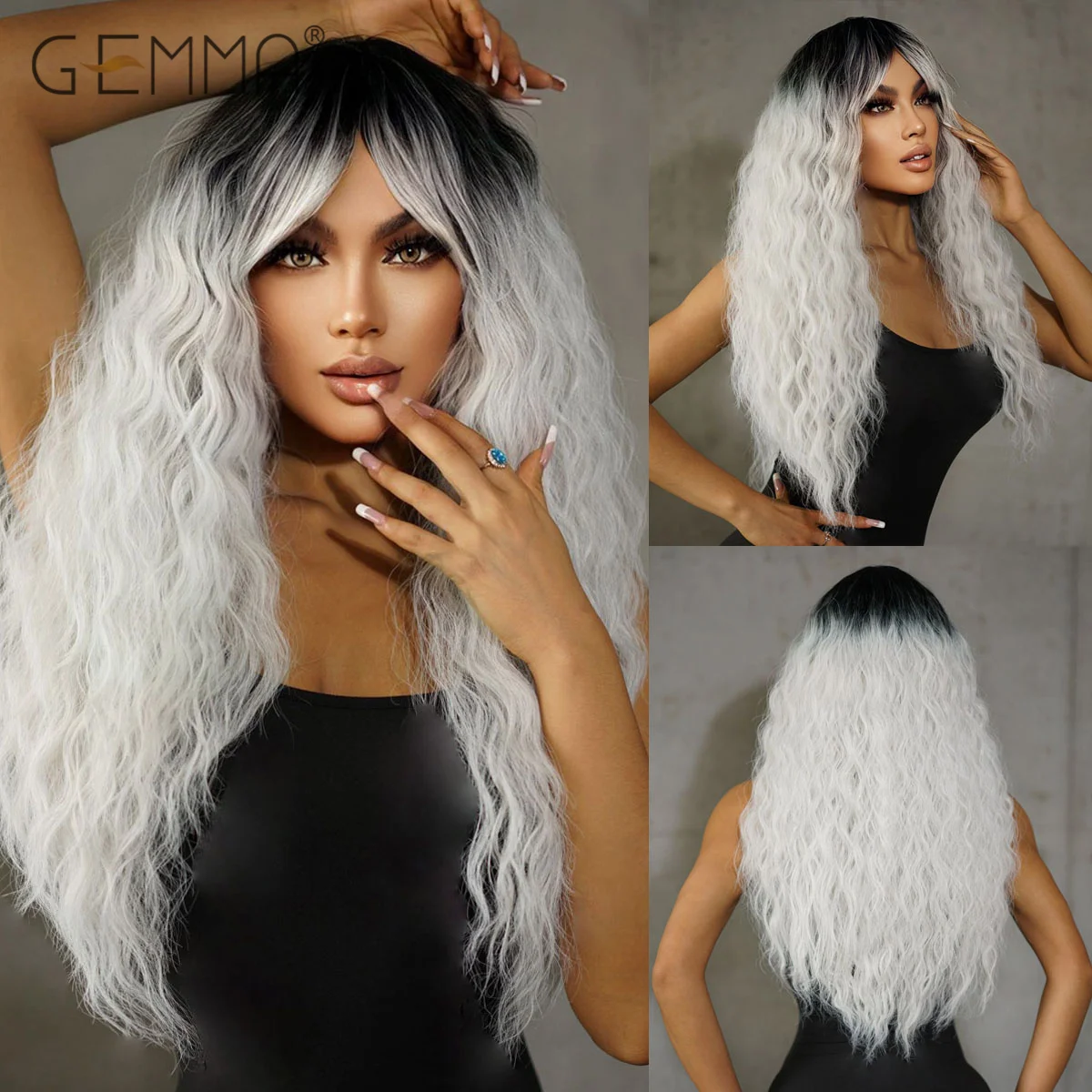 Ombre Blonde Long Curly Wig with Bangs Synthetic Kinky Curly Wigs for Women Afro Dark Roots Cosplay Natural Hair Heat Resistant