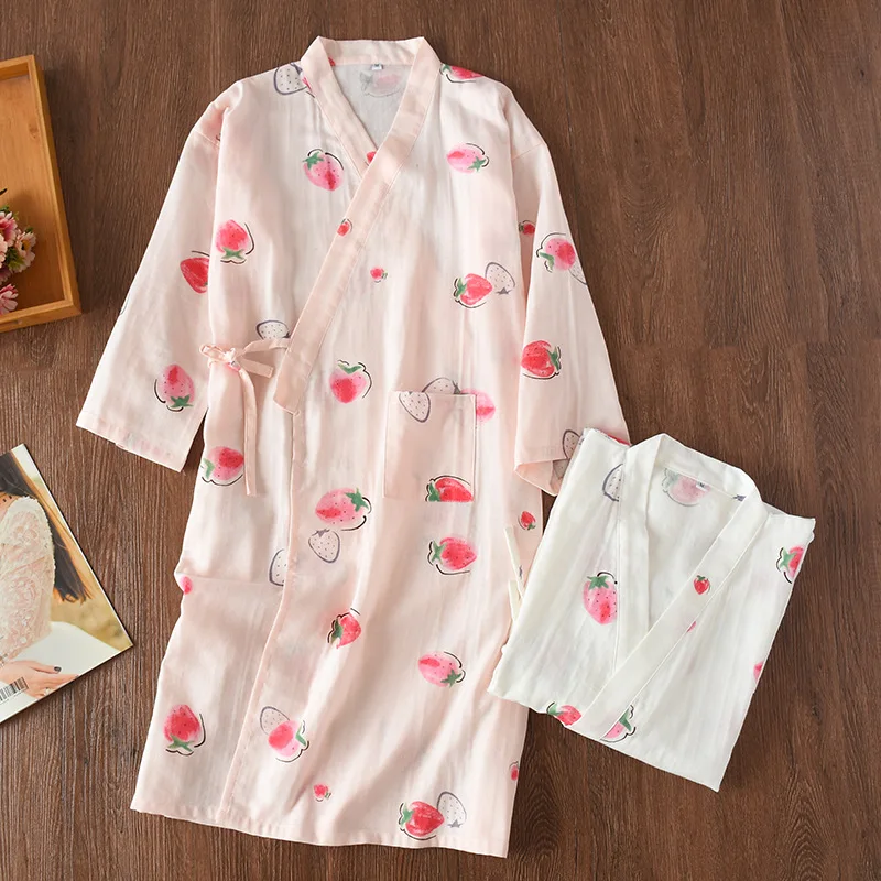

Gauze Women's Japanese Kimono Nightgown Summer Double Gauze Cardigan Tether Medium Robe Shower Robe Pajamas