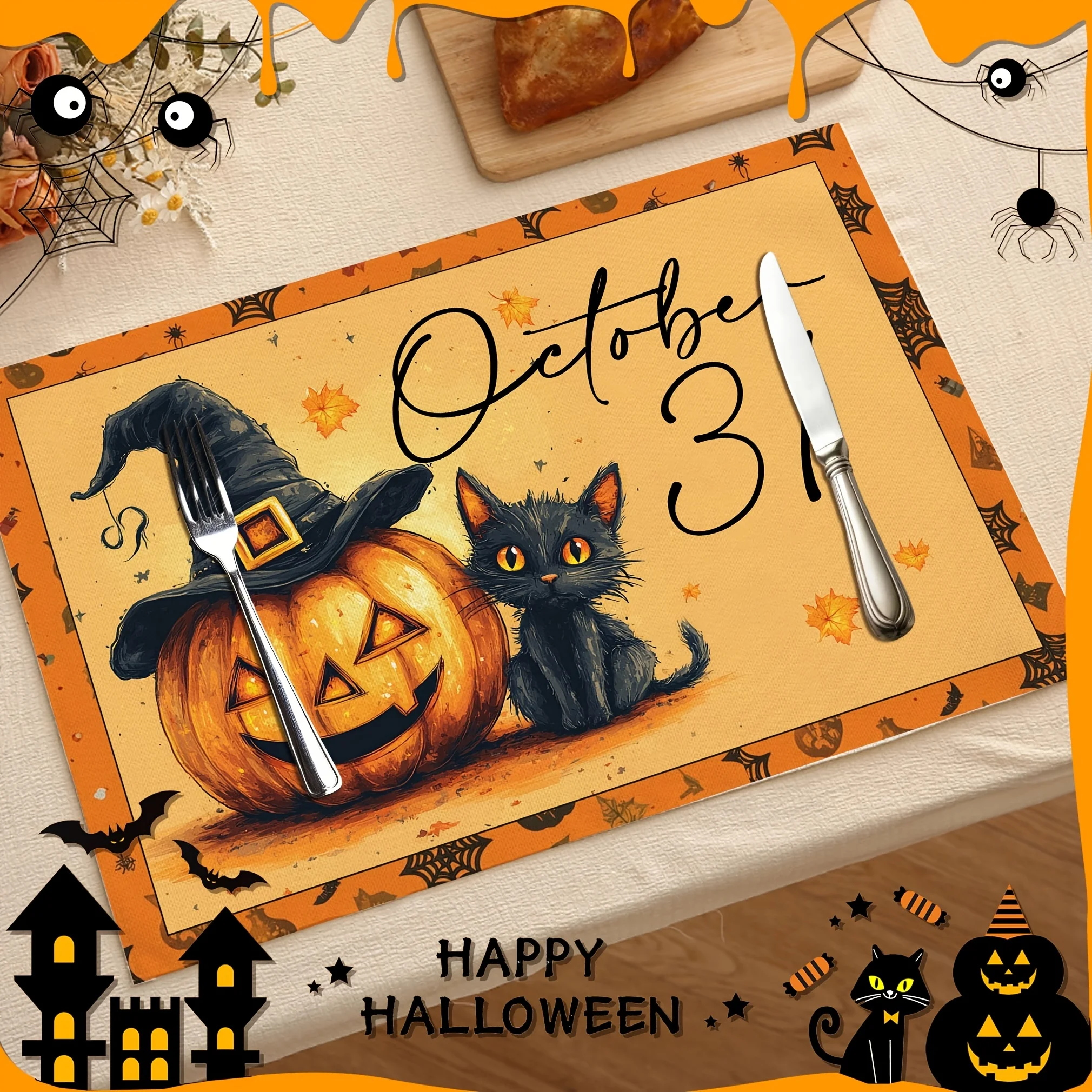 1 pc Linen Halloween Pumpkin Placemats Pumpkin And Black Cat Table Mat for Kitchen Dining Table, Spooky Decoration for Home