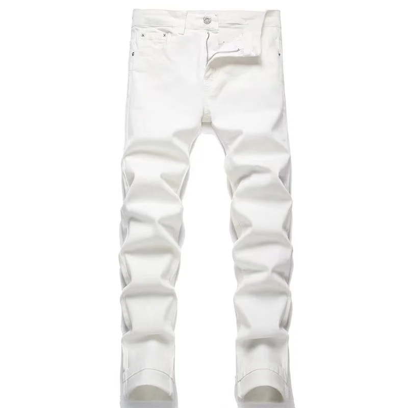 

EH·MD® White Jeans Men Cotton High Elastic Slim Pants Gradient Multi-Pocket Zipper Feet Metal Logo Rainbow Solid Color Luxurious