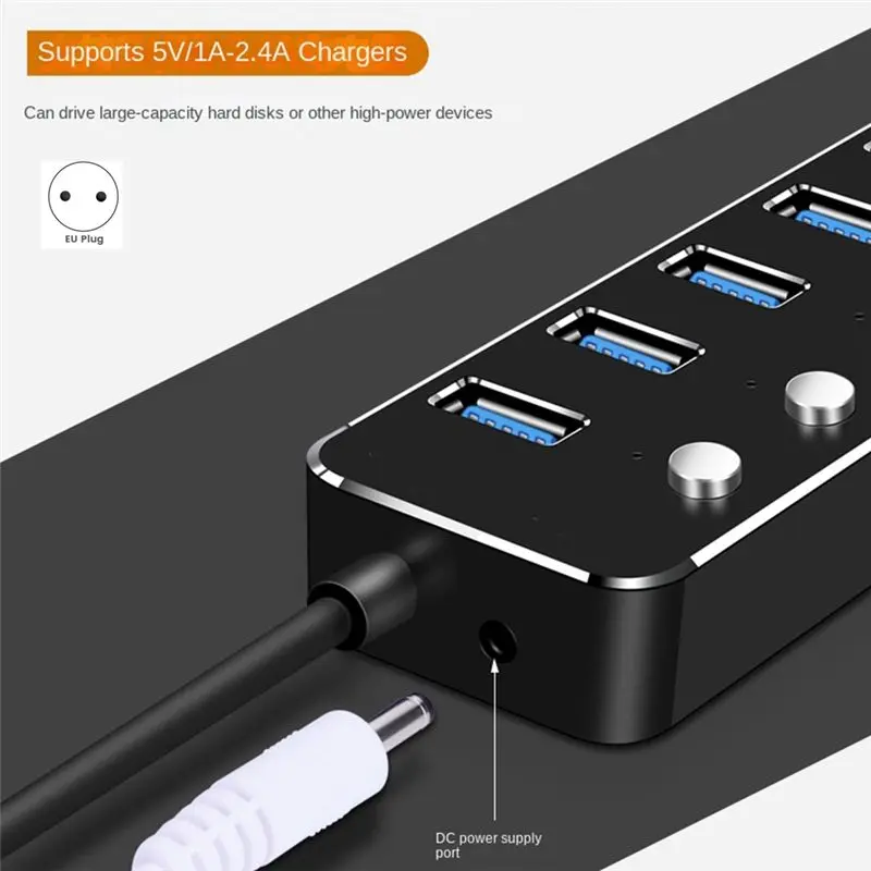 [A90P] USB 3.0 Power Adapter 7 Ports Aluminum Alloy Splitter Hub USB Hub 3.0 USB Multi Extender Switch 1.2M Cable Hub EU Plug B