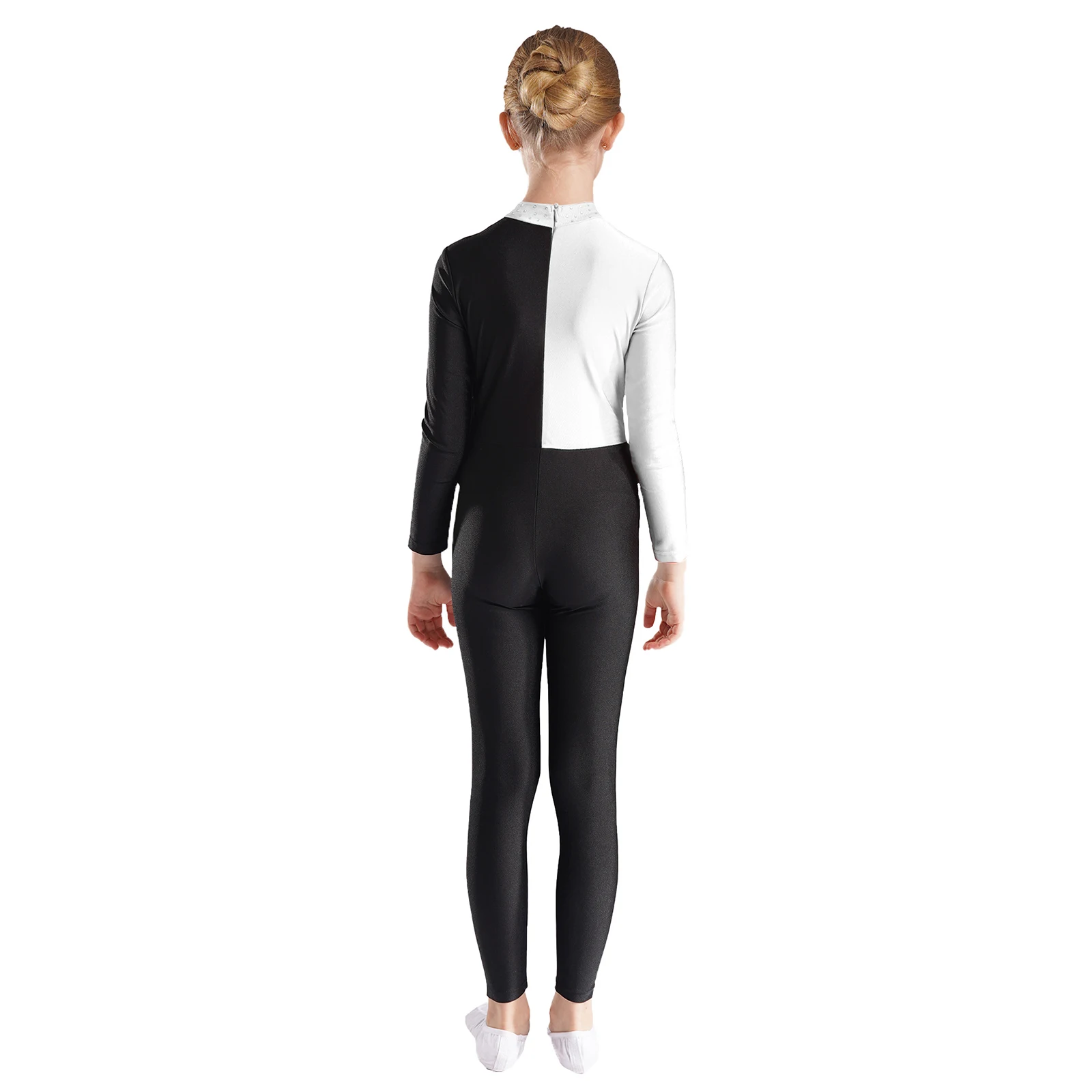 Kids Ballet Leotard Girls Rhinestone Color Block Long Sleeve Jumpsuit Figure Skating Stage Performance Gymnastics Bodysuit