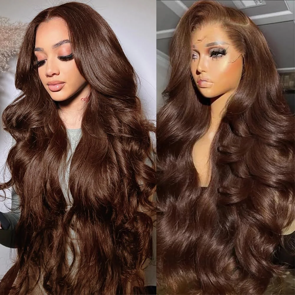

200% Density #4 13x4 Brown Body Wave Lace Front Wigs Brazilian Remy Hair HD Transparent Lace Frontal Wigs 100% Human Hair Wigs
