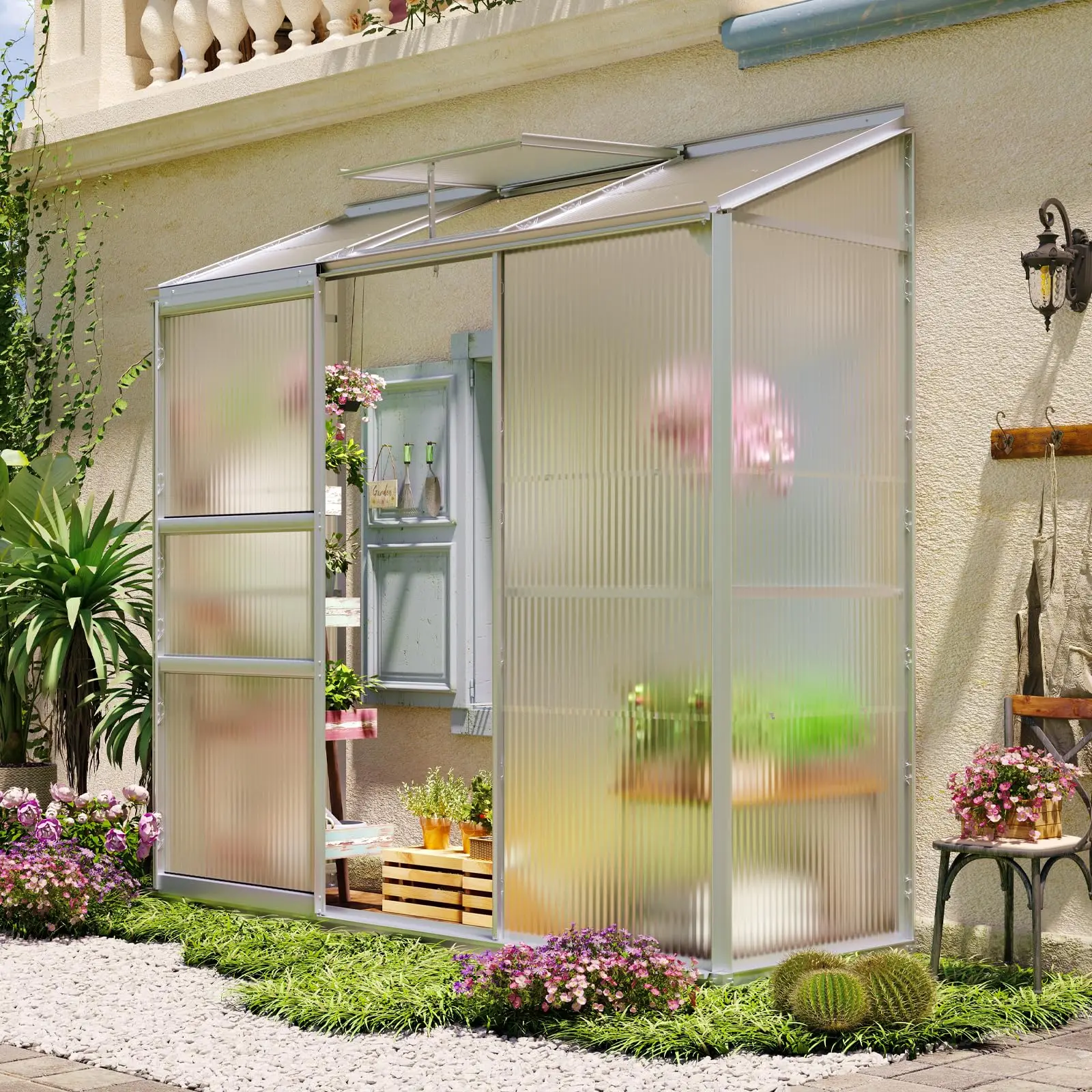 Lean-to Polycarbonate Greenhouse 6x2 FT, Sliver, Outdoor Garden