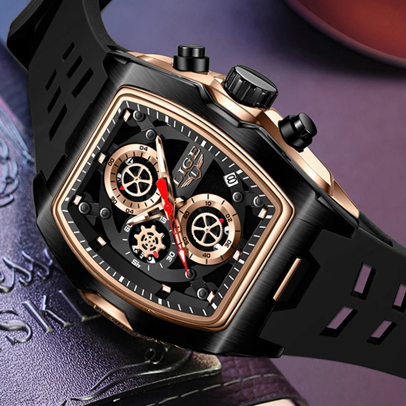 LIGE موضة جديدة سيليكون ساعة مربعة الرجال العلامة التجارية الفاخرة العسكرية الطلب الكبير الرجال ساعة رياضية مقاوم للماء كوارتز كرونوغراف