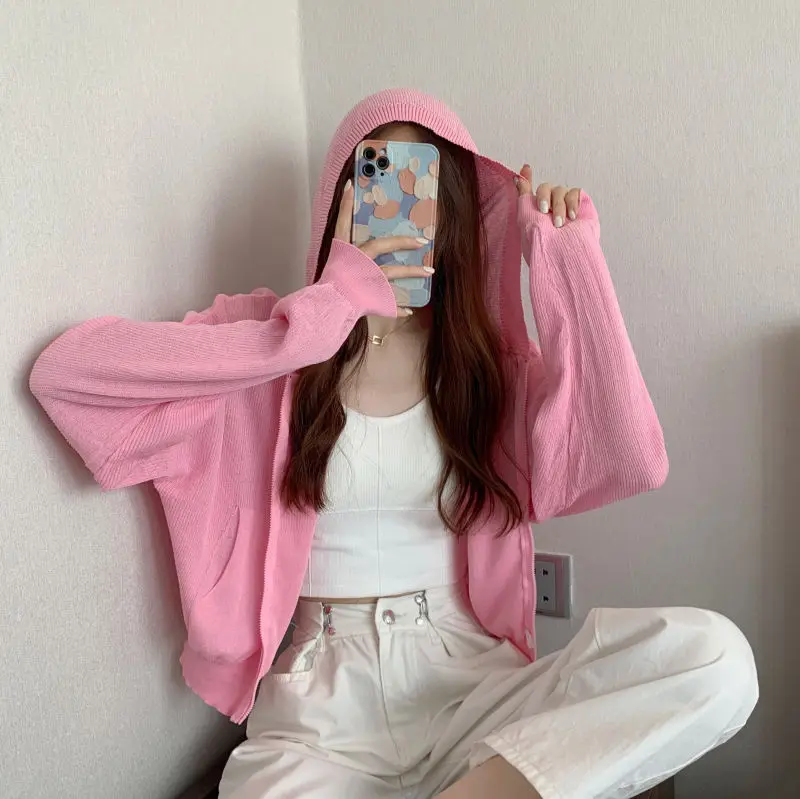 Rimocy Hooded Zipper Up Crop Tops Women 2024 Summer Long Sleeve Sunproof Cardigans Woman All Match Solid Color Short Coat Female