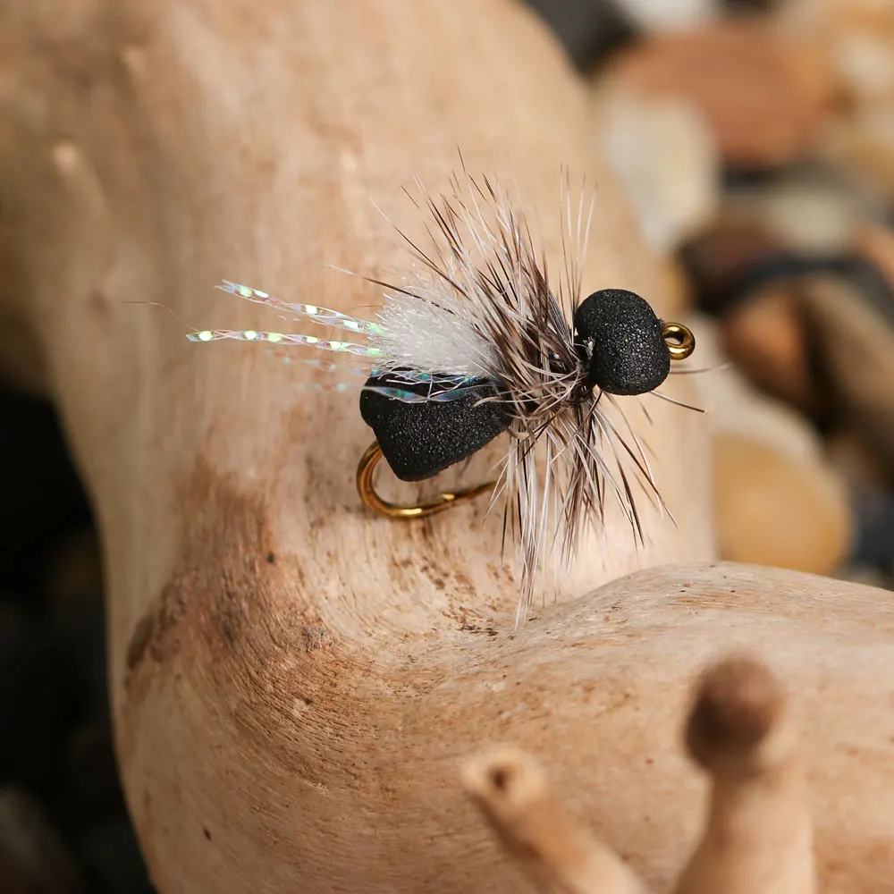 Bimoo 6 Stück # 10 Grizzly Hackle Schaumstoff-Ant-Fliege Schwimmende Schwarze Trockenfliege Para Post Wing Käfer-Insektenköder Forellen-Char-Angelköder – Detail 13