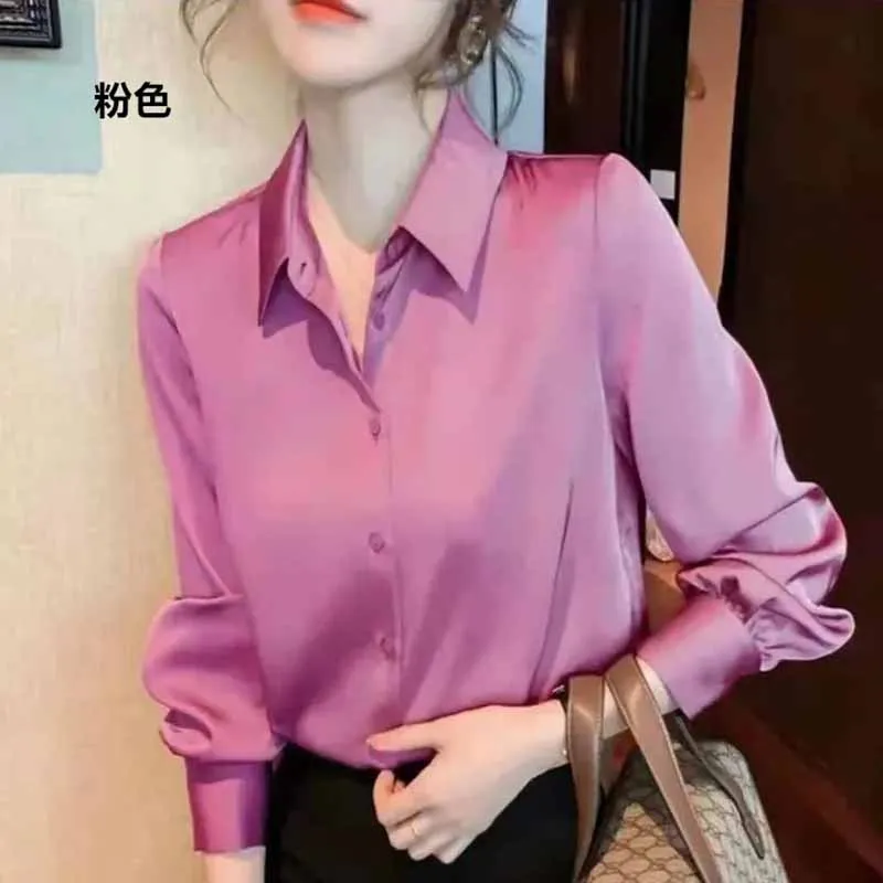 

Spring Summer Clothing Lady Acetic Acid Silk Long Sleeved Shirt Women Fashion Temperament Design Sense Niche Solid Color Blouse