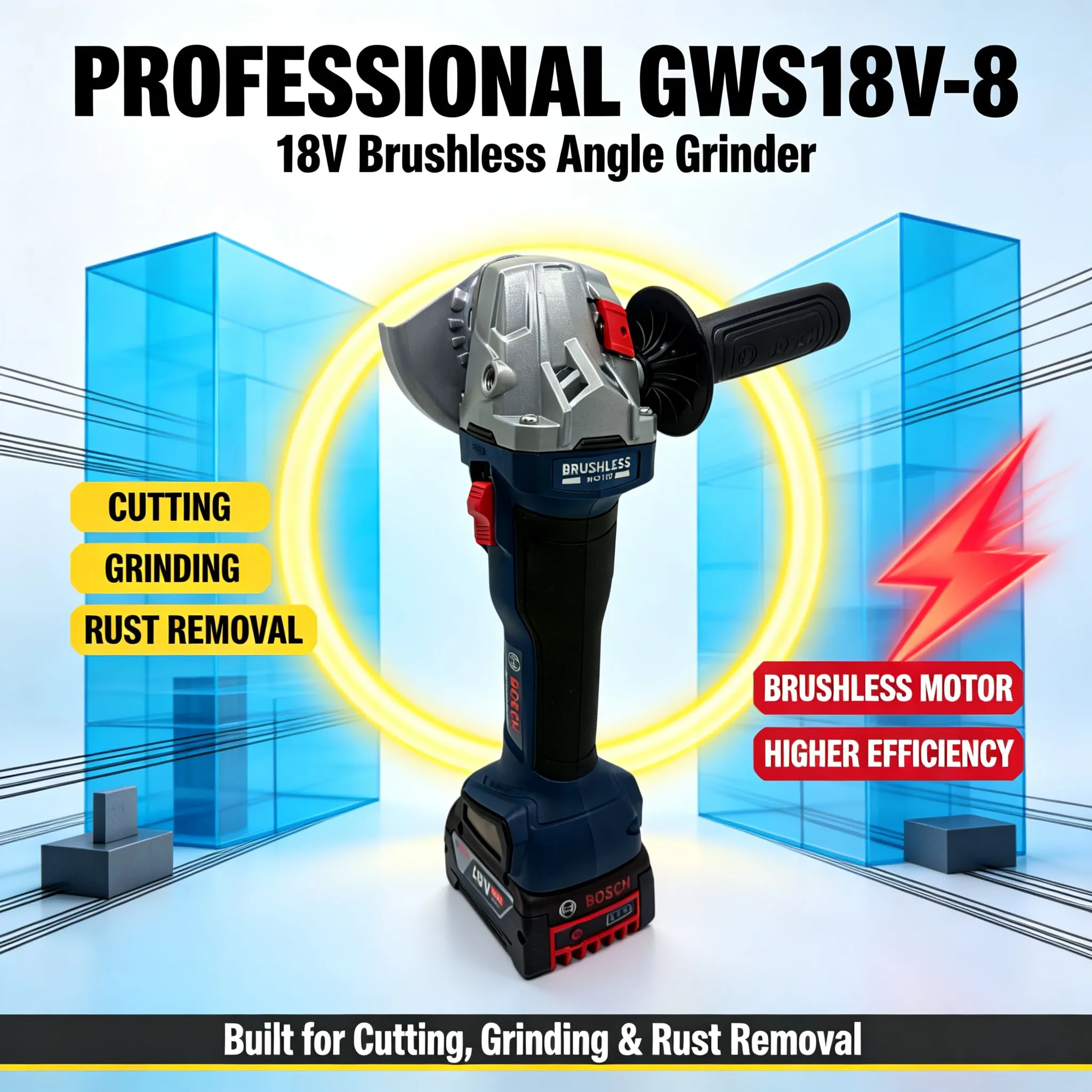 BOSCH GWS18V-8 18V Brushless Cordless Angle Grinder,100mm 11000rpm Slide Switch Cutting Power Tool,With Battery & Charger