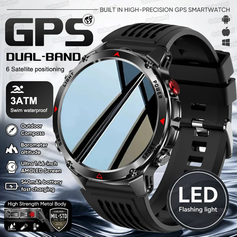 2025 New Professional Dual-band GPS Smart Watch Outdoor Sport Ride Run Swim Compass Altimeter 3ATM Waterproof Smart Bracelet Men