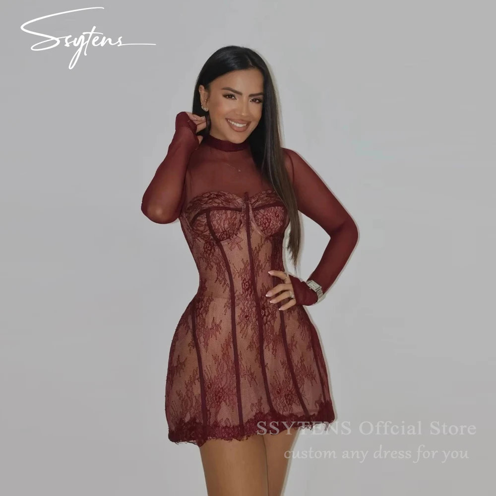 

SSYTENS Exquisite Lace Prom Dresses Sexy Mini A Line Vestidos De Gala Long Sleeves Illusion Bones Wedding Party Gowns Customized