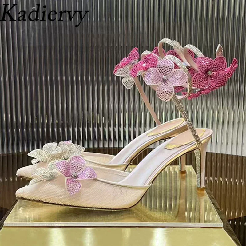 Summer High Heels Women Pupms Crystal Flower Snake Twine Around Ankle Strap Wedding Shoes Pointed Toe Stiletto Sandals Woman