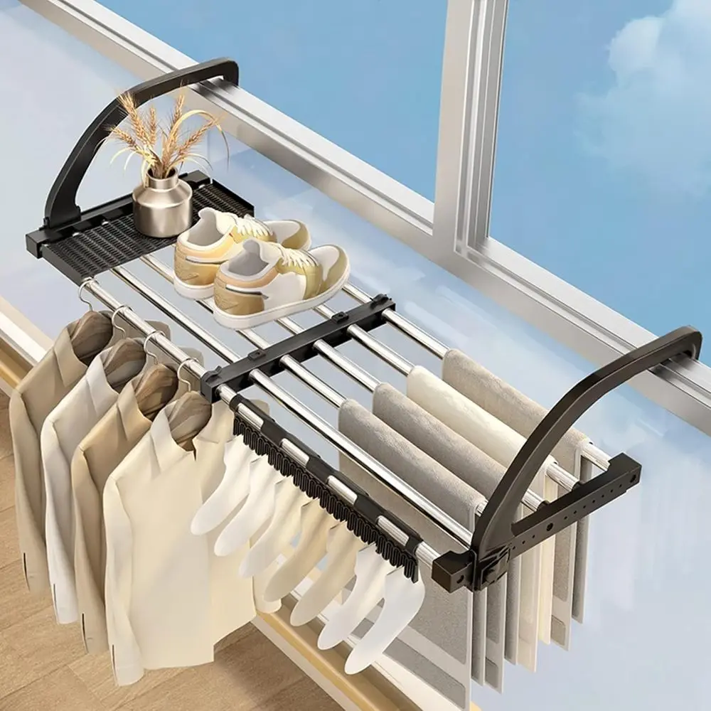 

Indoor Stainless Steel Clothes Drying Rack, Retractable Multi-Position Adjustable, Balcony & Shoe Rack, Black, 42