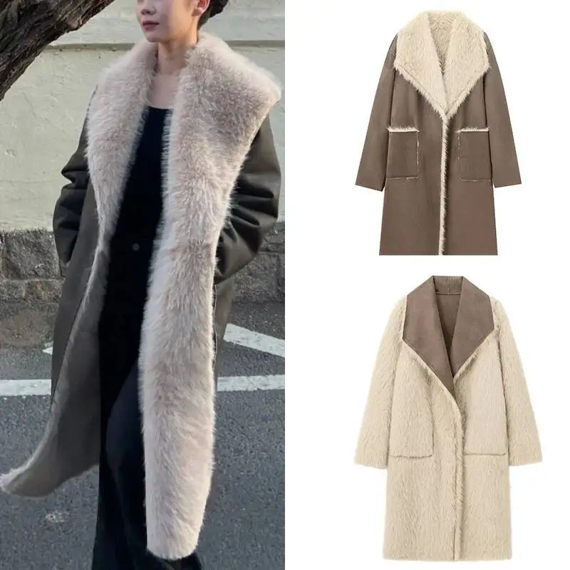 

Новинка 2023 года, женская куртка, уникальный воротник из искусственного меха, пальто миди с необработанными краями, зимняя одежда для холодной погоды, женская одежда
