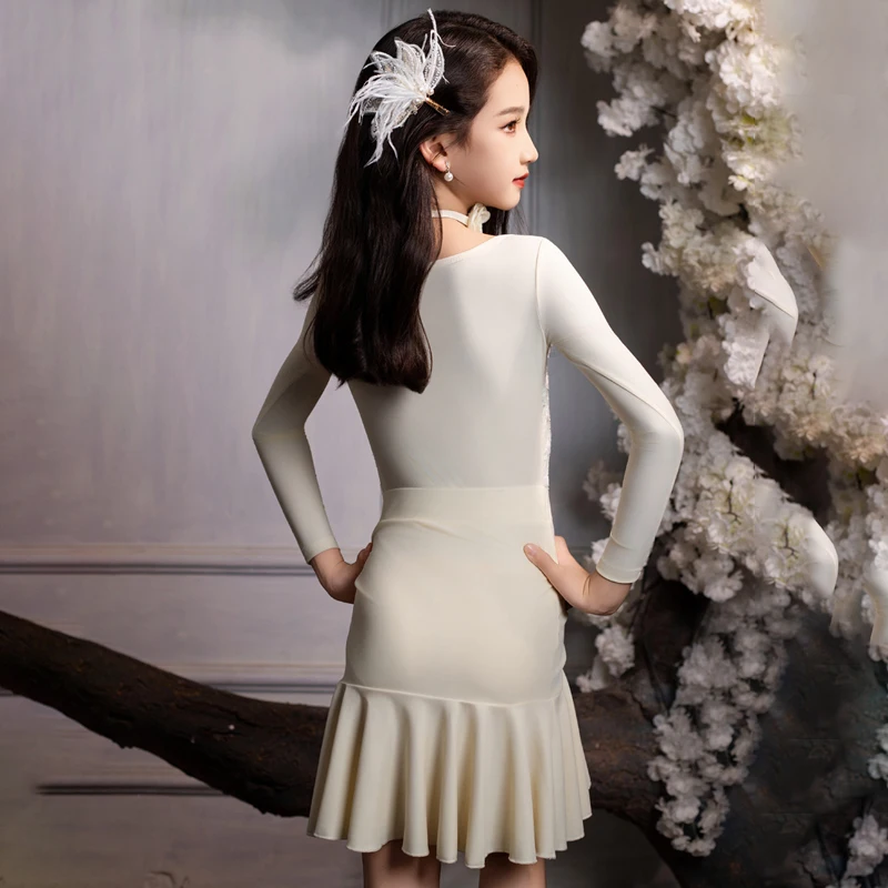 Ropa de baile latino de Salsa para niños, vestido de baile latino de manga larga para niñas, trajes de competición de baile de salón para niños