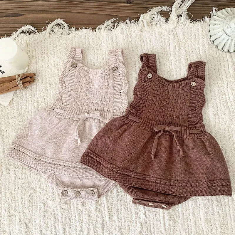 2024 New Autumn Toddler Baby Girl Knitted Romper Sleeveless Solid Color Infant Baby Girls Knitted Jumpsuit Children Clothes