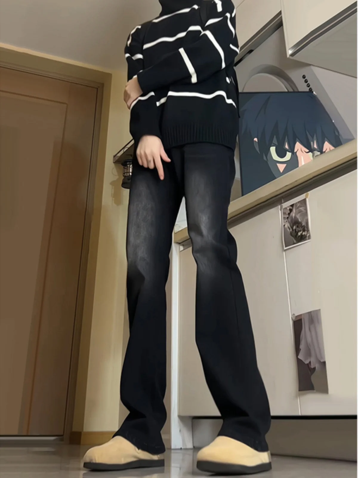 

Retro Bla Slim Fit Bell Bot Jeans Men's American Sle Cleanfit Slimming Straight Leg Knife Jeans Youth Trend Cotto...